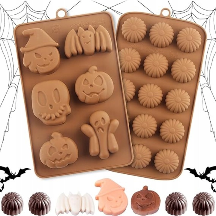 Set 2 foremek de silicon pentru prajituri Halloween, forme simboluri, usor de utilizat, multicolor