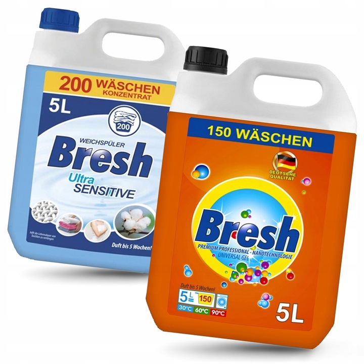 Set detergent rufe Bresh, gel de spalare 5L, balsam de rufe 5L, eficienta 150 spalari, 200 clatiri