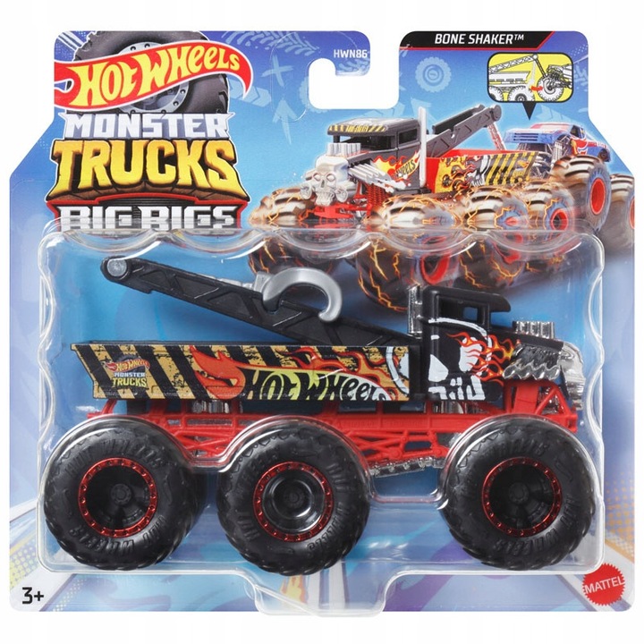 Masinuta Hot Wheels, model Monster Trucks, set cu remorca, roti mari, multicolor, 3 ani