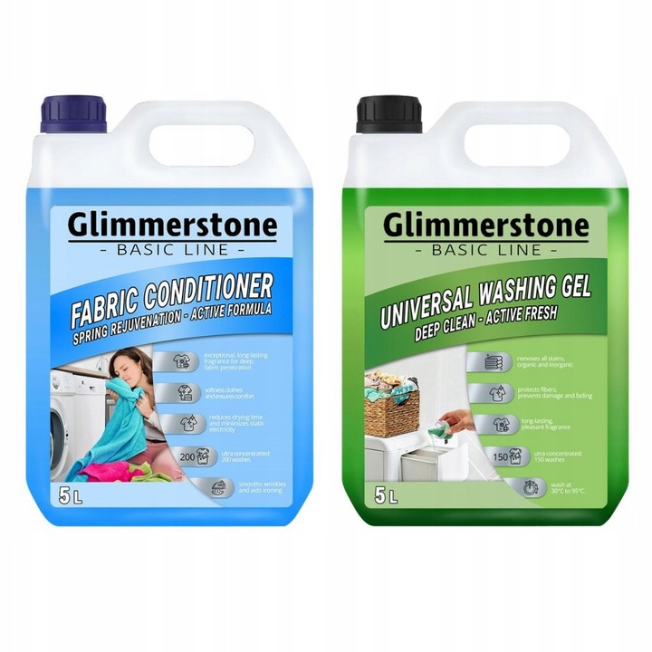 Set detergent universal Glimmerstone 5L, balsam de rufe5L, 150 spalari, 200 clatiri, miros placut