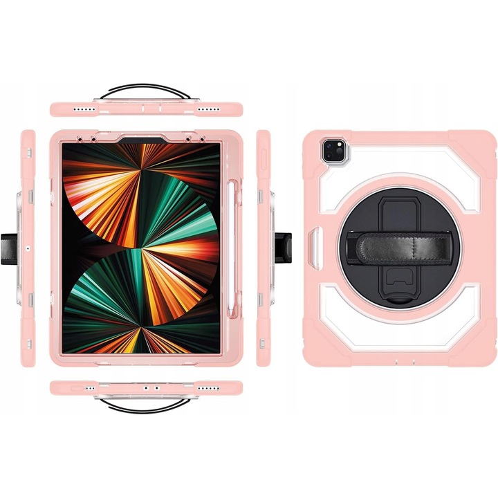 Husa de protectie 360 pentru iPad Pro 12.9, roz cu spate transparent, set inclus
