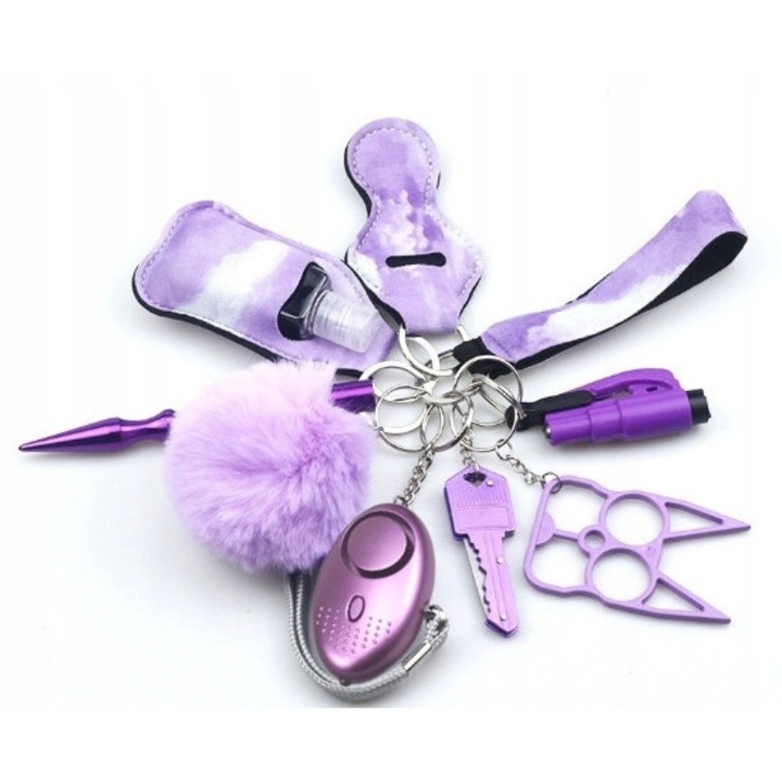 Breloc autoaparare pentru femei, alarma personala, violet, compact