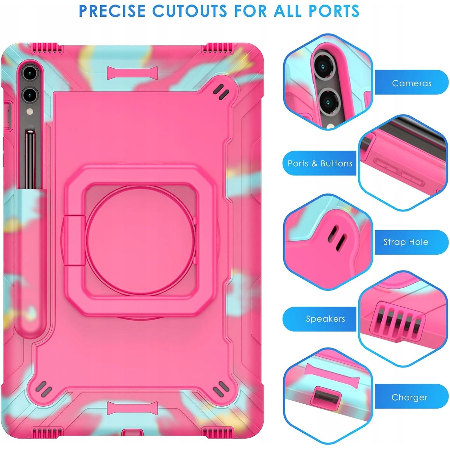 Husa de protectie pentru tableta, Samsung Galaxy Tab S9 Plus / S9 FE Plus 12,4", set cu suport 360, curea reglabila, multicolor