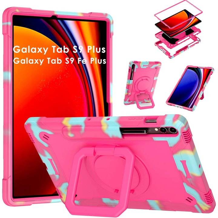 Husa de protectie pentru tableta, Samsung Galaxy Tab S9 Plus / S9 FE Plus 12,4", set cu suport 360, curea reglabila, multicolor