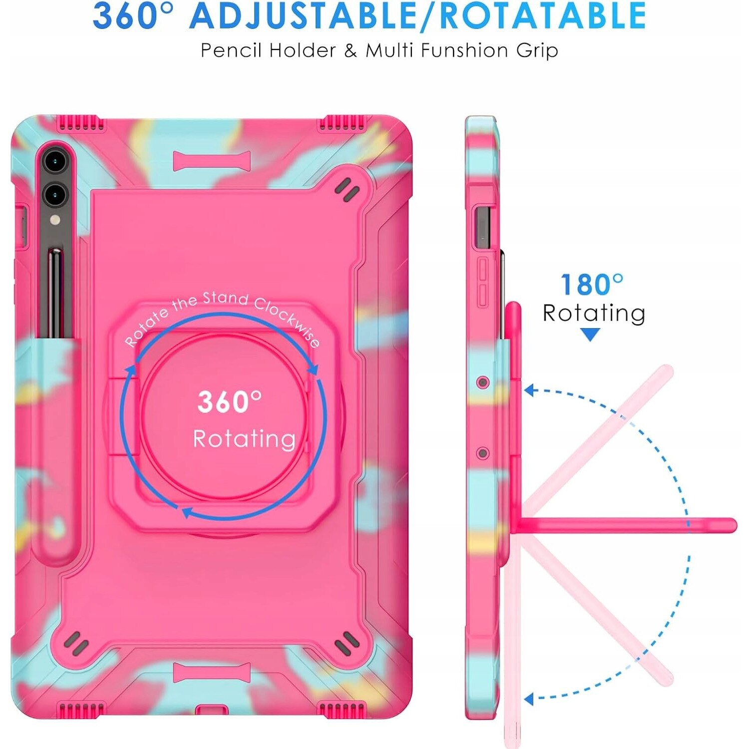 Husa de protectie pentru tableta, Samsung Galaxy Tab S9 Plus / S9 FE Plus 12,4", set cu suport 360, curea reglabila, multicolor