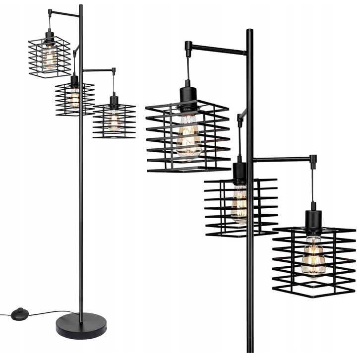 Lampa Vintage 3x E27, Metal, Negru, 160cm