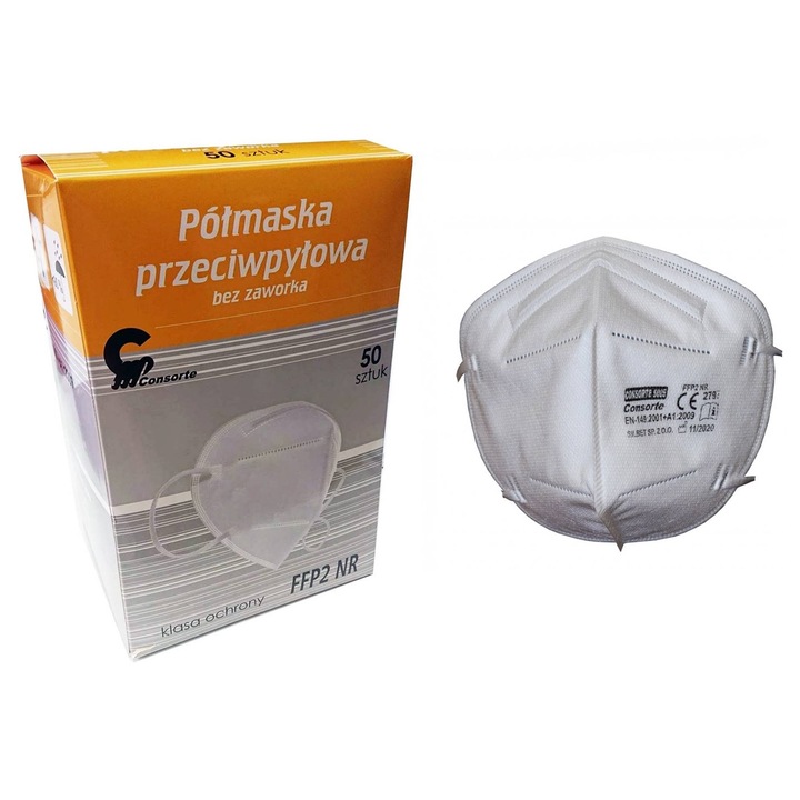Masca de protectie FFP2 Consorte, set 50 bucati, fara supapa, conform EN-149:2001 + A1:2009
