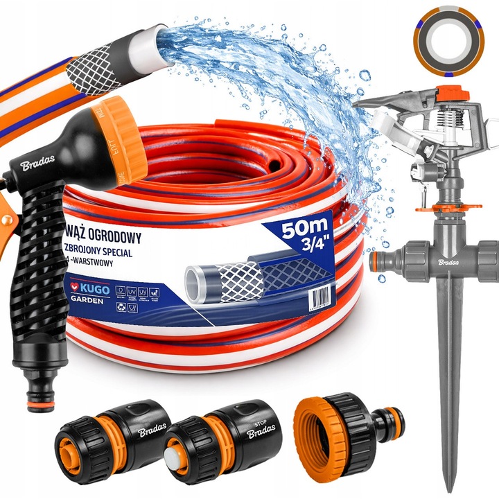 KUGO Garden 3/4" 50m kerti tömlő, 4 rétegű, locsolópisztollyal és csatlakozókkal, Bradas