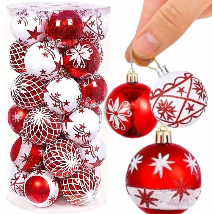 Комплект коледни топки, 30 бр., червено и бяло, 6 см, различни модели