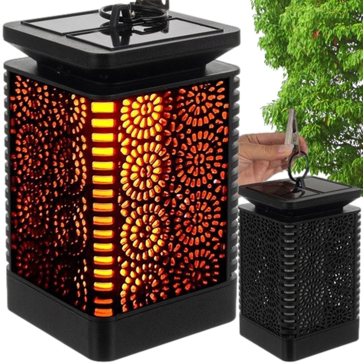 Соларна лампа фенер LED, ефект пламък, черна, 15,5x9x9см, комплект с щипка