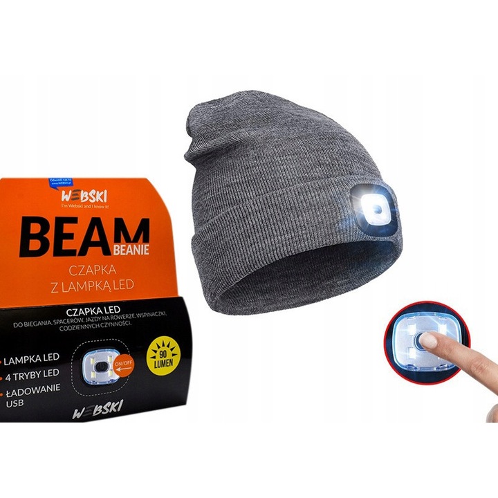 Căciulă beanie Webski cu lanternă LED, USB reîncărcabilă, 3 moduri iluminare