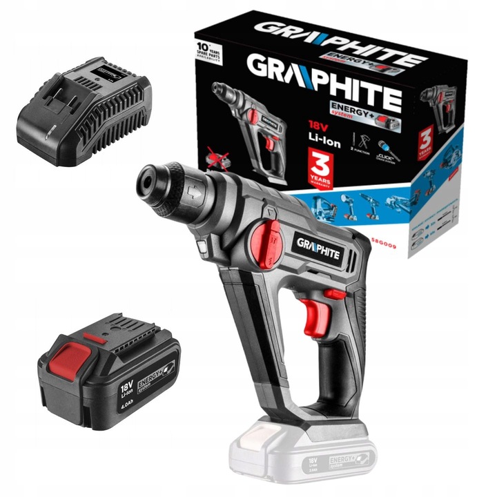 Set Mlotowiertarka Akumulatorowa SDS+ Energy+ 18V, 0.8J, Baterie 4.0Ah, Ladowarka, Graphite