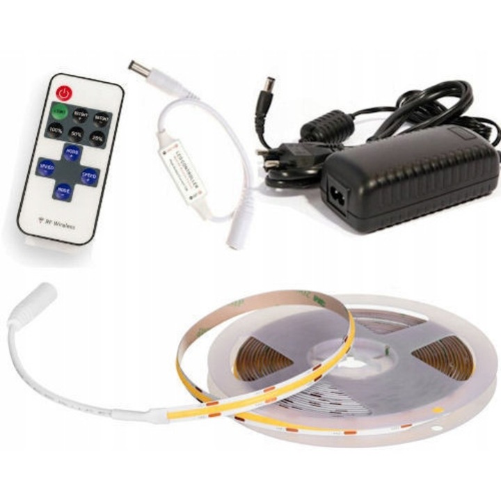 Bandă LED COB 4m cu dimmer și telecomandă, iluminare RGB/alb reglabil, rece/neutru/cald