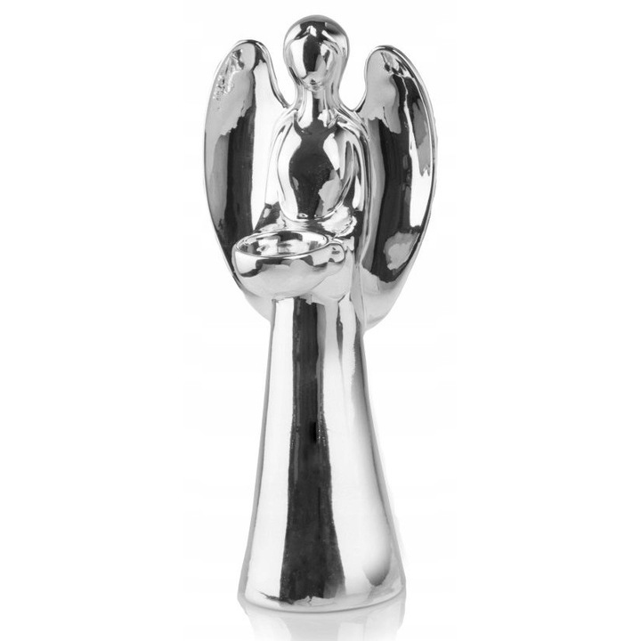 Фигурина поставка за свещ Ангел, сребрист, 35 см