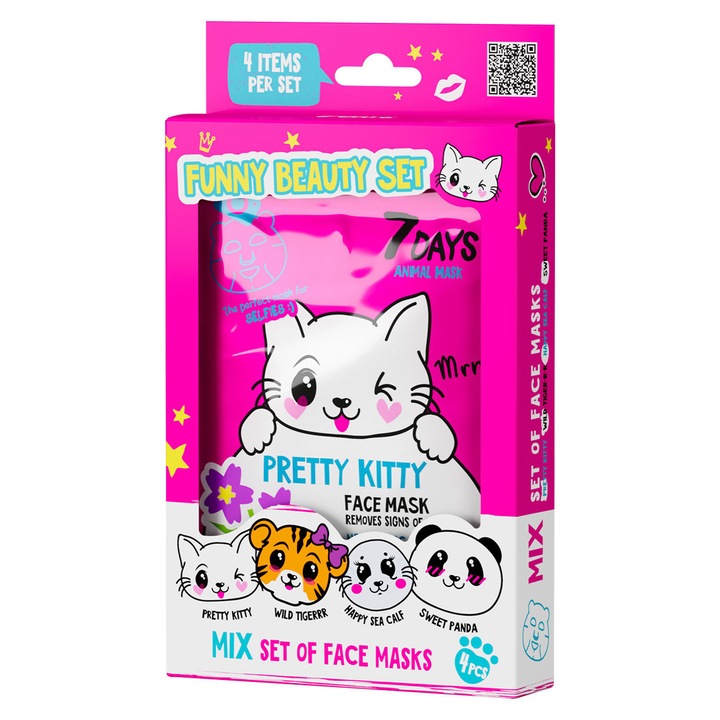 Set 4 măști de față 7DAYS în formă de animale, măști cosmetice cu ingrediente naturale