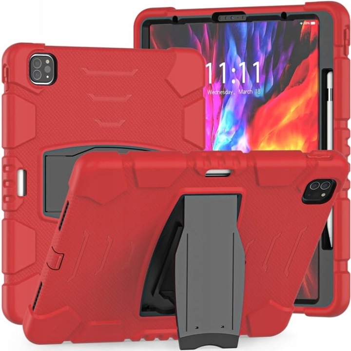 Брониран калъф за iPad Pro 12.9 2020/2021, червен, 3-слойна защита със стойка