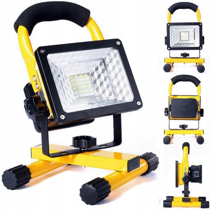 Lampa de lucru portabila, 30W, 2400lm, 3 moduri de iluminare, negru-galben, set cu incarcator si 3 acumulatori