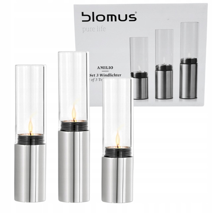 Set 3 suporturi lumanari Blomus Amilio, sticla si otel inoxidabil, 19x6cm, 21x6cm, 23x6cm, argintiu