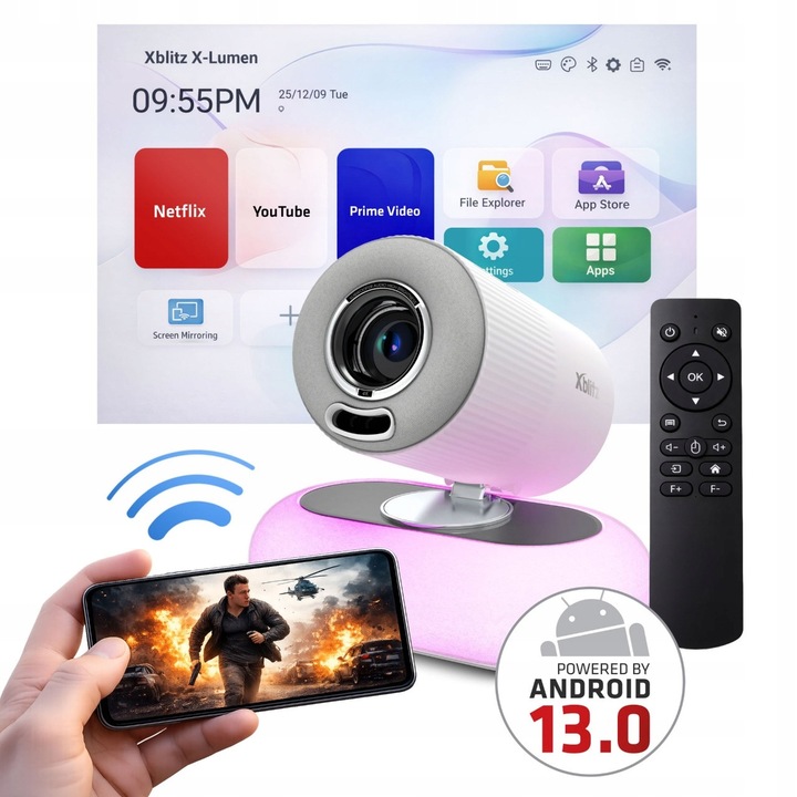 Videoproiector Xblitz X-Lumen, 4K, Wi-Fi, Bluetooth, 30-200 inch, alb