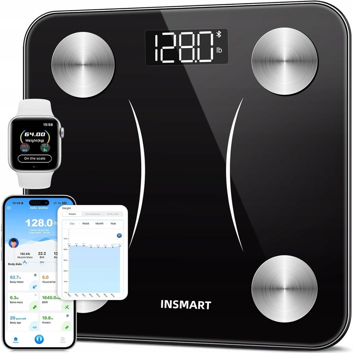 Смарт кантар INSMART Smart Body 260H, анализ на тялото 17 параметъра, Bluetooth, черен, 25,9x25,9x2,4см