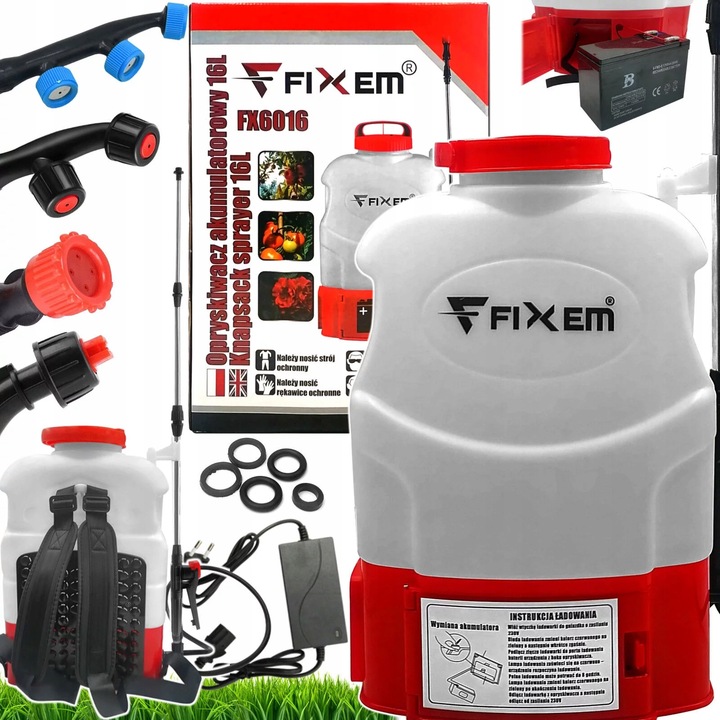 Електрическа пръскачка 16L Fixem, телескопична 44-117см, батерия 12V, налягане 1,5-4 Bar, пълен комплект