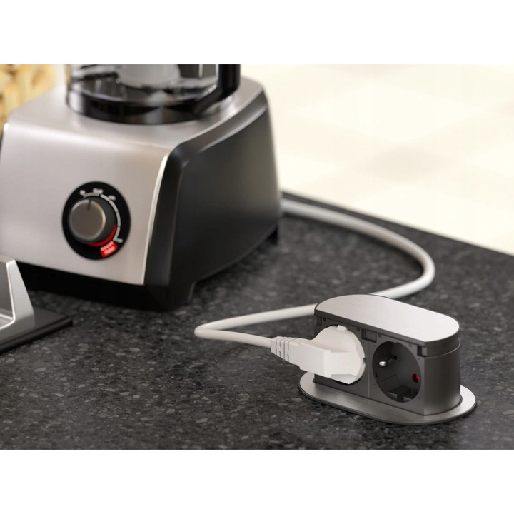 Priza incastrata 2x230V, inox, 49,5mm, IP44, negru