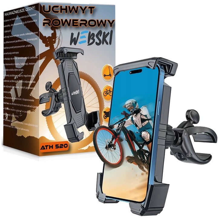 Стойка за смартфон Webski, за велосипед и мотоциклет, въртене на 360°, съвместима с кормило 17-32 мм, черна
