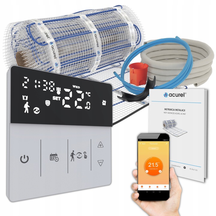 Комплект за подово отопление Acurel 7м2, 160W/м2, Wi-Fi термостат, черно/бяло, размери 14x0.5м