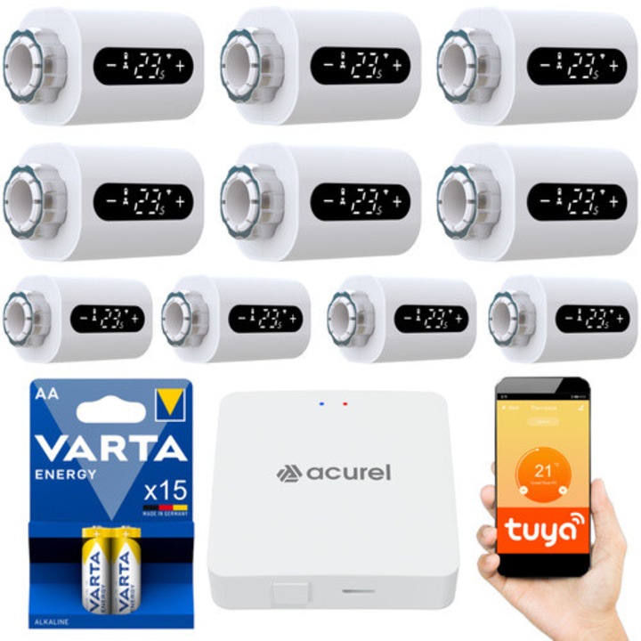 Комплект 10x Термостати за радиатор + ZigBee 3.0 Централа, Acurel, WiFi контрол, Метал, 53x53x87mm