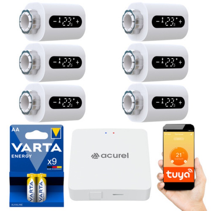 Комплект 6x термостатични глави за радиатор с ZIGBEE 3.0 TUYA WIFI централа, Acurel