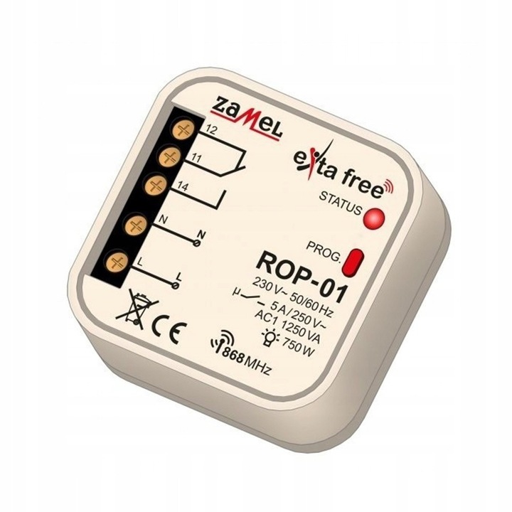 Zamel ROP-01 rádióvevő, 1 csatornás, 5 működési mód, 60mm-es dobozba szerelhető, 230V