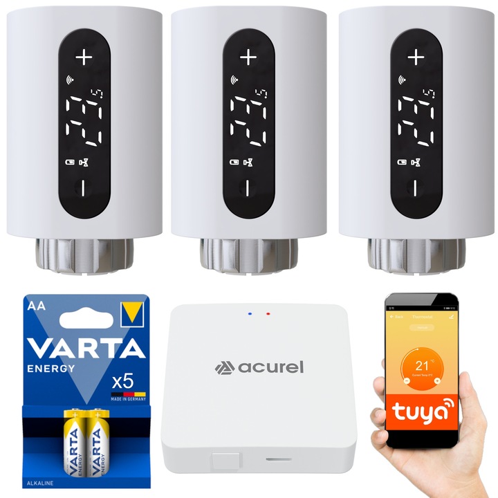 Комплект 3x Термостат за градина с метален термостатичен накрайник + WiFi ZigBee 3.0 централа, бял, размери 53x53x87mm