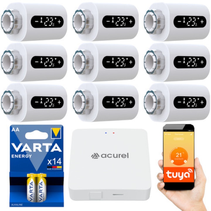 9x Термостатична глава за радиатор + ZIGBEE 3.0 TUYA Хъб + Батерии