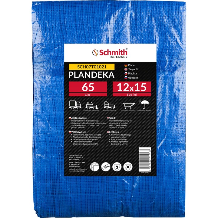 Ponyva 65g, Schmith, 12x15m, megerősített szélekkel, alumínium fűzőlyukakkal
