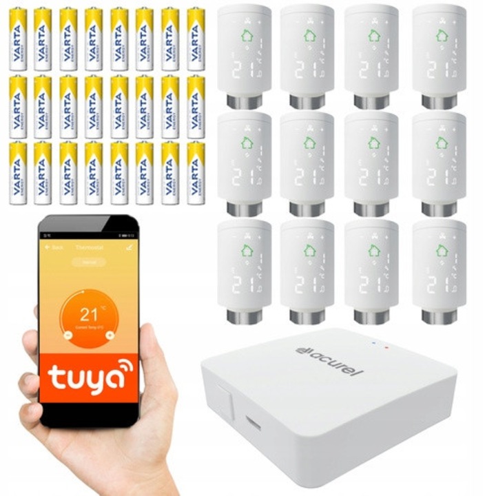 Комплект 12x интелигентни термостатични глави Zigbee 3.0, Acurel, WiFi контрол, метални, AA батерии