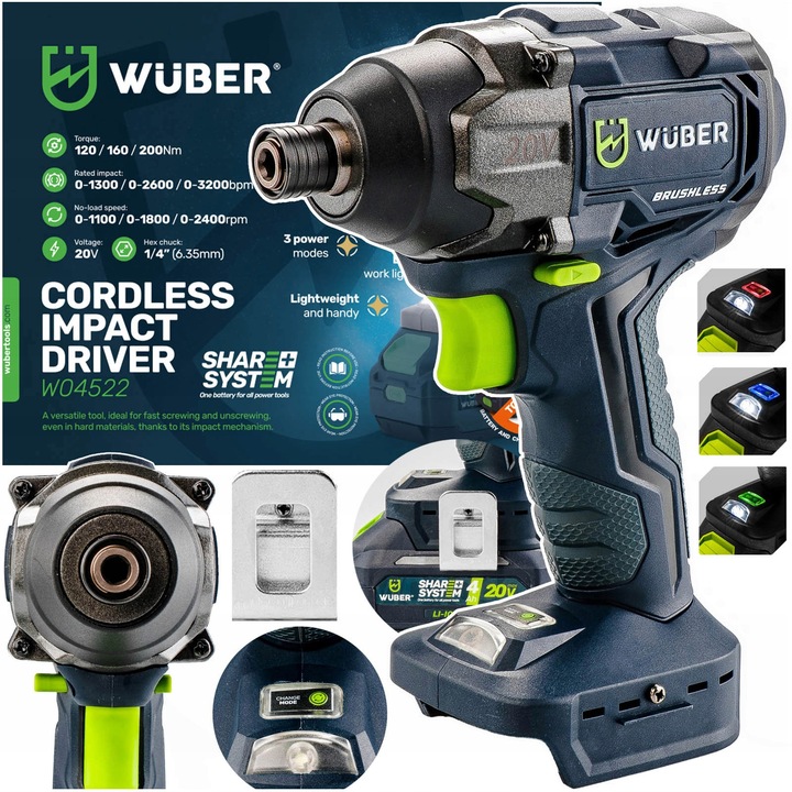 Ударен винтоверт Wuber 20V, 200 Nm, безчетков мотор, 1/4", 3 режима на работа, тегло 1,34 кг