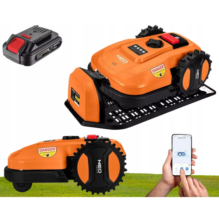 Robot de tuns iarba NEO 04-621, set cu acumulator Li-Ion 2Ah, pentru suprafete de pana la 600m2, latime de taiere 180mm, IPX5