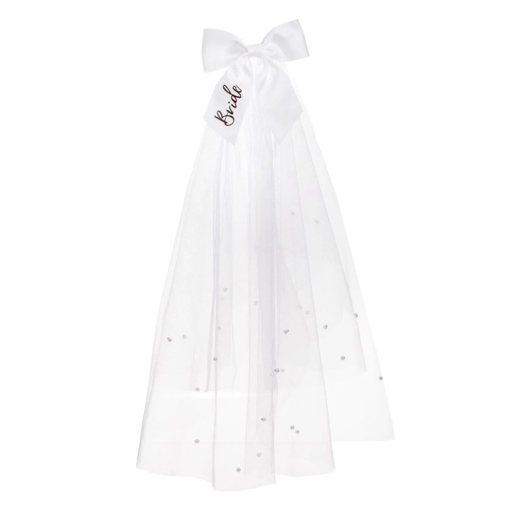Clama Par cu Tul Alb "Bride" & Margele pentru Mireasa - 55cm