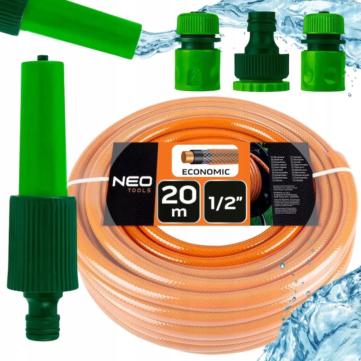 NEO öntözőkészlet, 20m 1/2" kerti tömlő, UV-álló, szórófej, csatlakozók