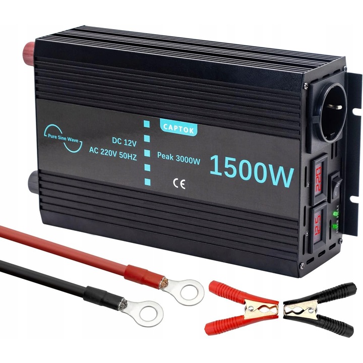 Инвертор за кола 1500W, чиста синусоида, LCD, безшумен вентилатор, 12V DC към 230V AC