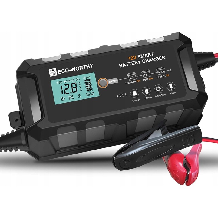 Зарядно за кола 10A 12V, EKOLOGIC, за оловно-киселинни и LiFePO4 акумулатори, plug and play, съвместимо с всички видове превозни средства