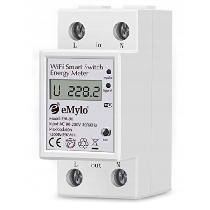 Контролер за електрическа енергия WiFi 90-250V 60A, eMylo, бял, IP20