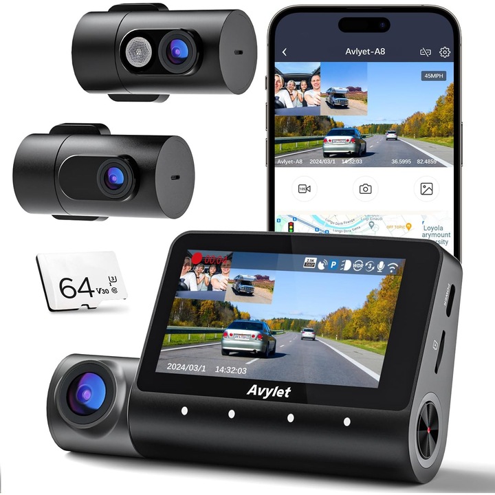 Автомобилна камера 5K с 3 канала, GPS и Wi-Fi, 4K+1080P+1080P, черна, пълен комплект