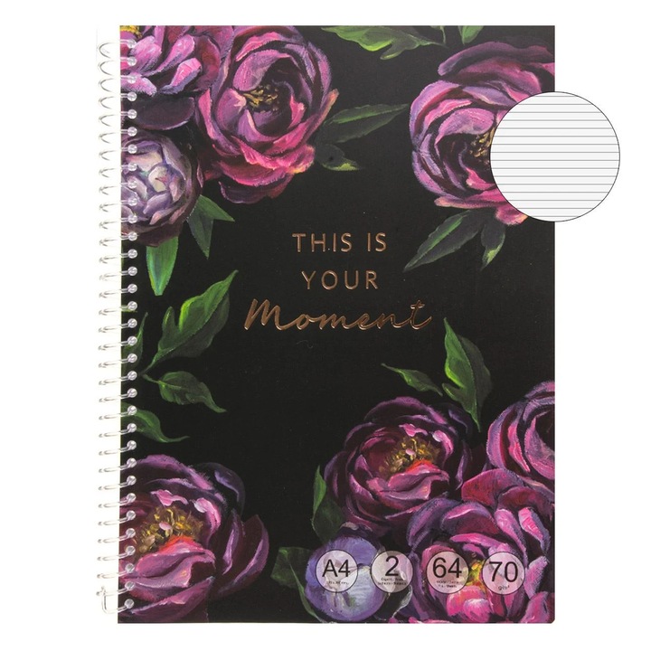 Caiet A4 Dictando Negru Floral "This is Your Moment" cu Spirala & 2 Subiecte - 64F