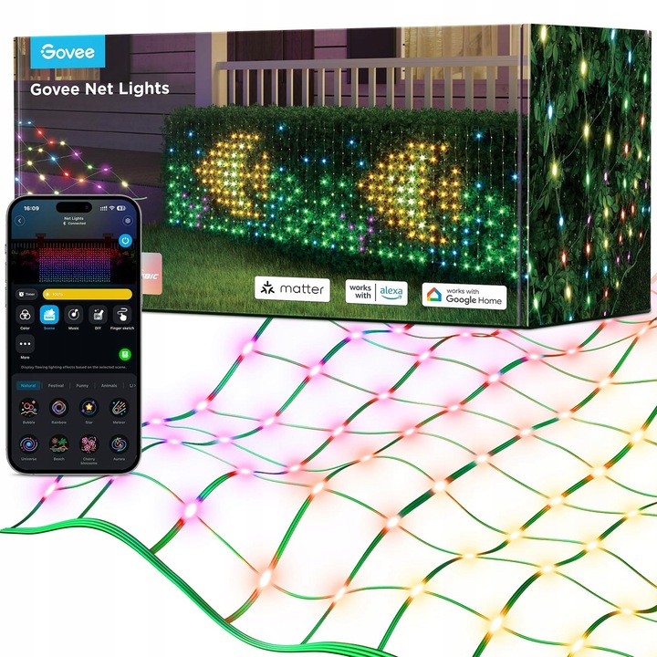 Karácsonyi fényfüzér, Govee, 480 LED-es hálófény, IP65, 0.88x2.86m, hangvezérlés