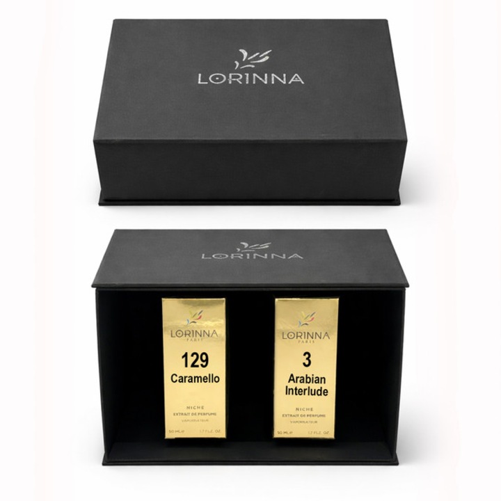 Set parfum Lorinna Paris Arabian Interlude & Caramello, 2 x 50 ml, Cutie cadouri parfum premium