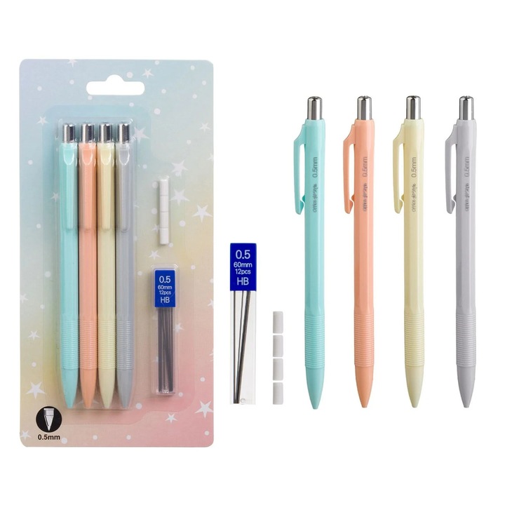 Set Creioane Mecanice de Culori Pastel cu Radiera & Mine 0.5mm - 9 piese