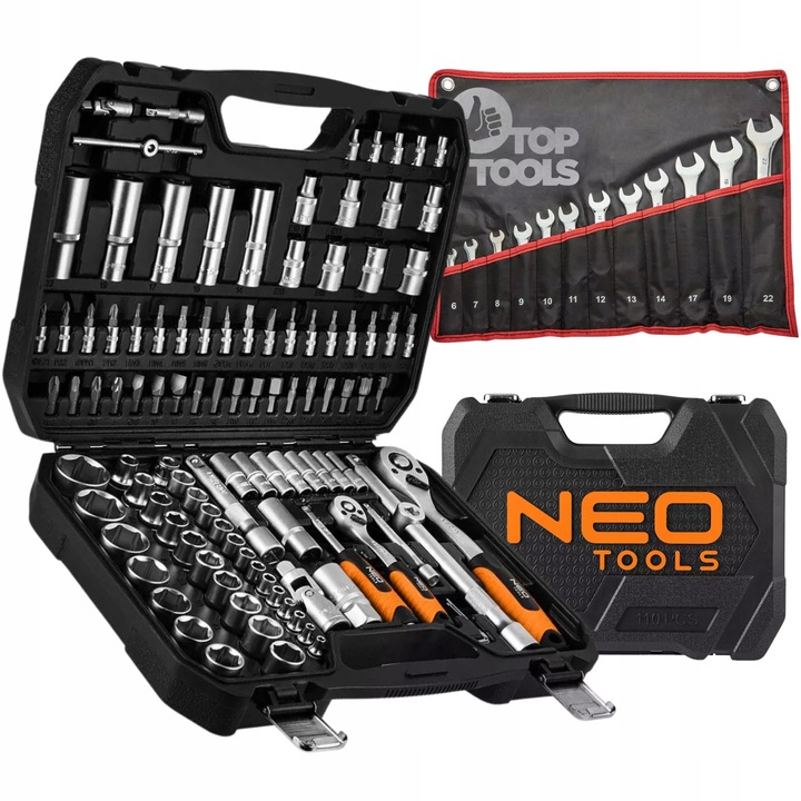 Set chei cu nasuri 110 elemente, NEO TOOLS, 1/4" si 1/2", inclusiv chei plate-oclock 12 buc, valiza