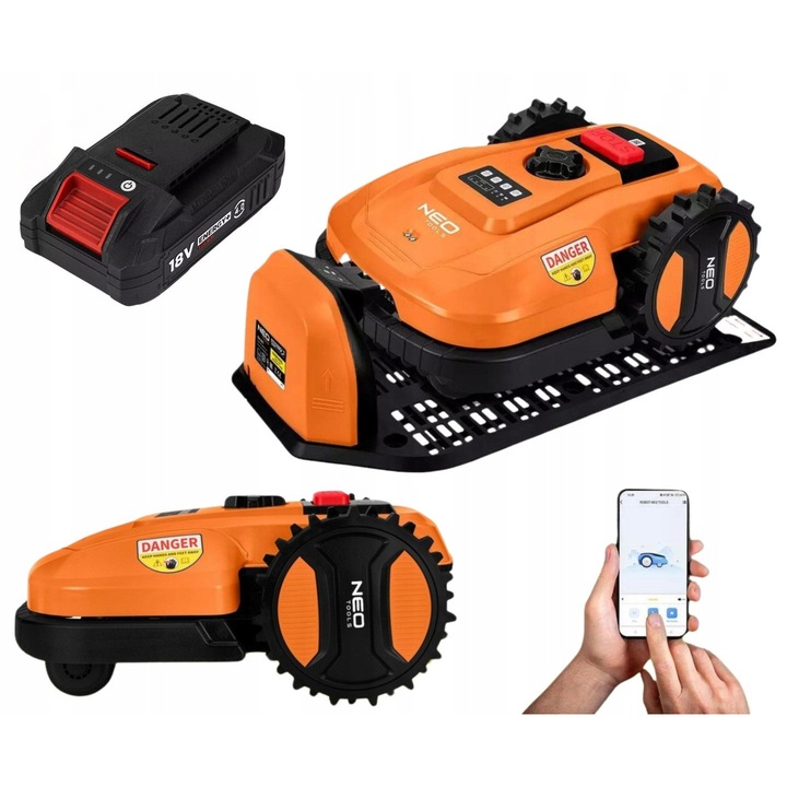 Robot de tuns iarba NEO 04-621, set cu acumulator Li-Ion 4Ah, pentru suprafete de pana la 600m2, latime de taiere 180mm, IPX5