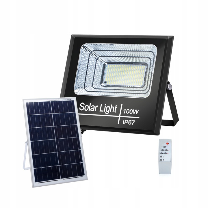 Соларен LED прожектор Aigostar 100W, 6500K, IP67, размери 310x260x80mm, пълен комплект
